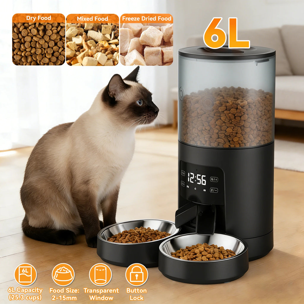 6L Automatic Cat & dog Feeder with 2 Stainless Bowls