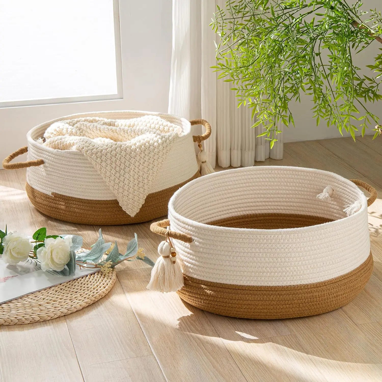 Blanket Basket for Organizing Living Room, Cotton Rope Basket Woven Baby Laundry Hamper