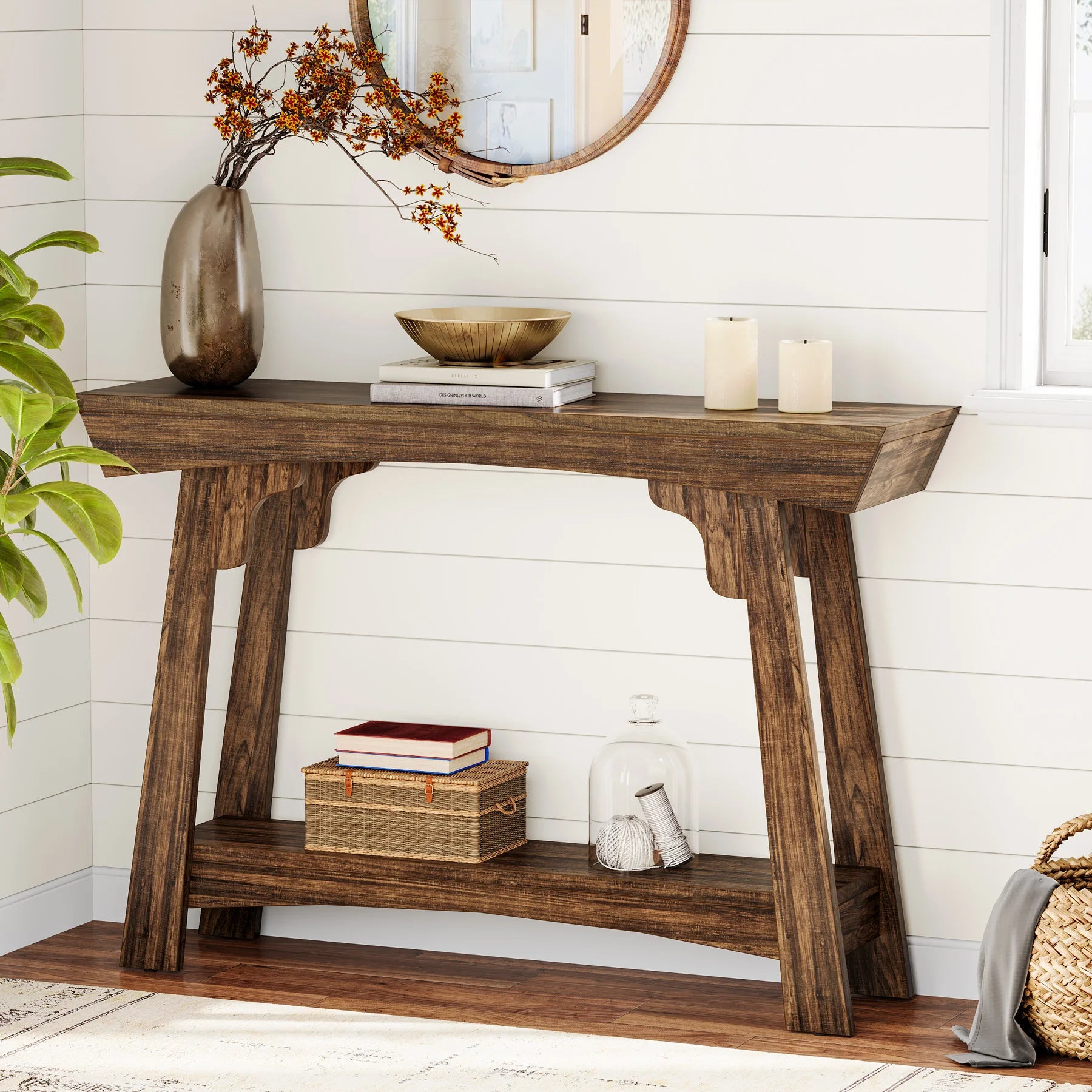 farmhouse 41.3" Wood Console Table, 2-Tier Entryway Table with Storage Shelf