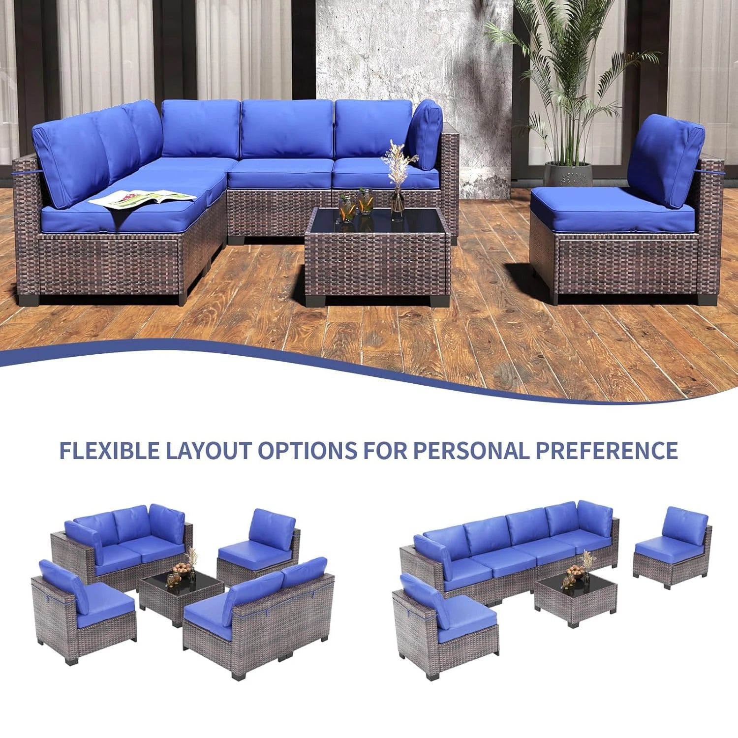 7-Piece Rattan Wicker Sectional Modular Conversation Sofa Set