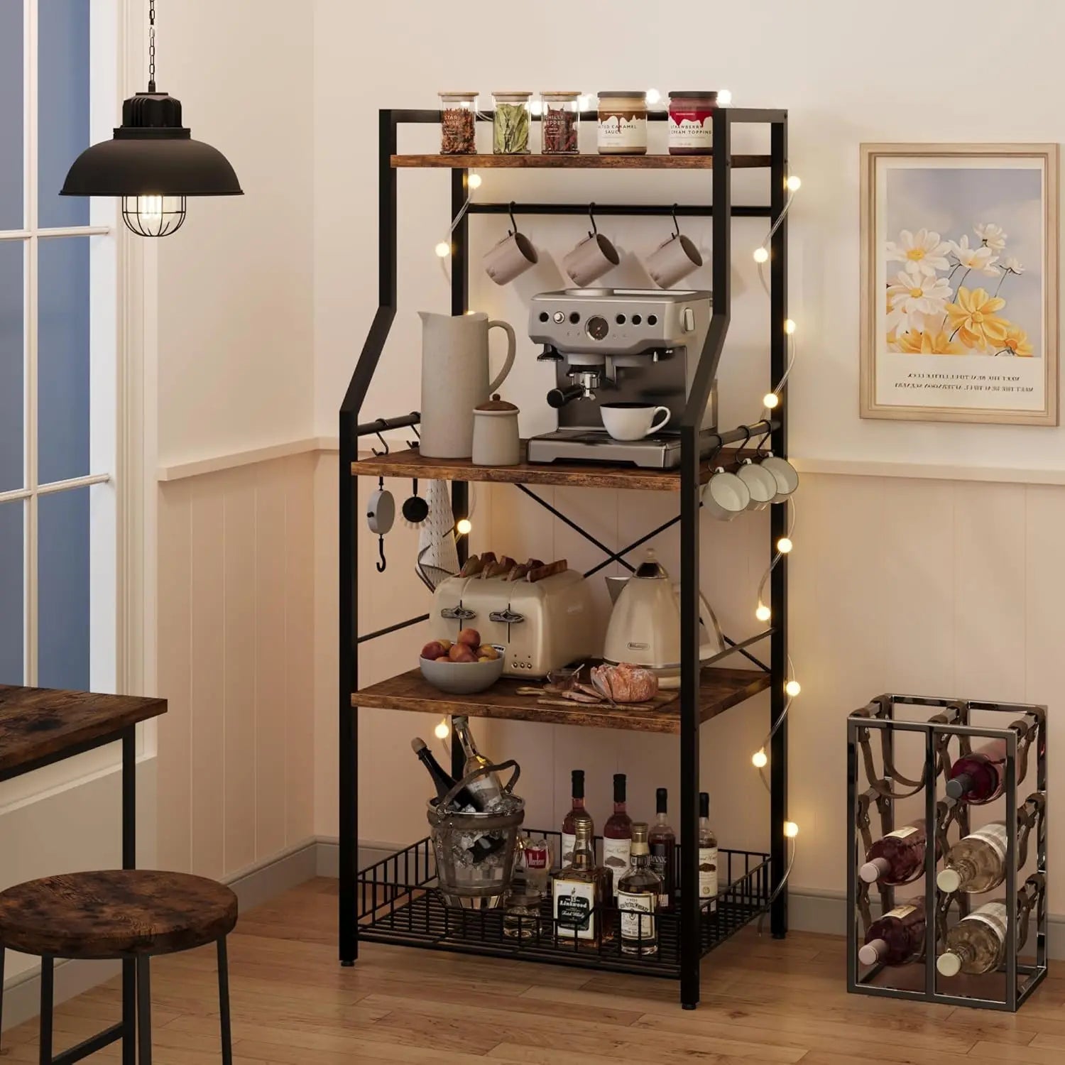 4-Tier Kitchen Bakers Rack & Microwave Oven Stand with Large Wire Basket, Industrial Coffee Bar Station with Hooks, Kitchen Utility Storage Shelf for Pots, Spices