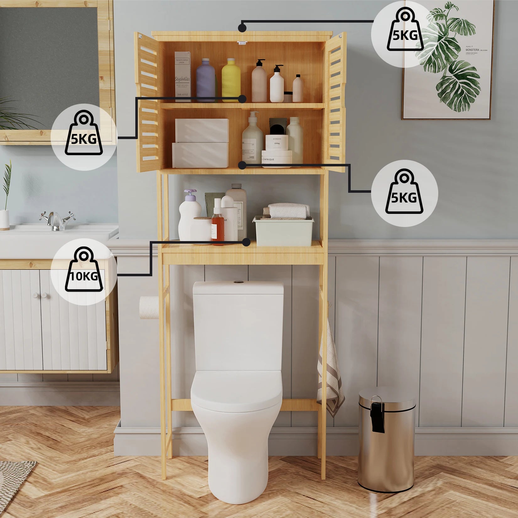 Tall Bathroom Cabinet Organizer with Cupboard and Adjustable Shelves