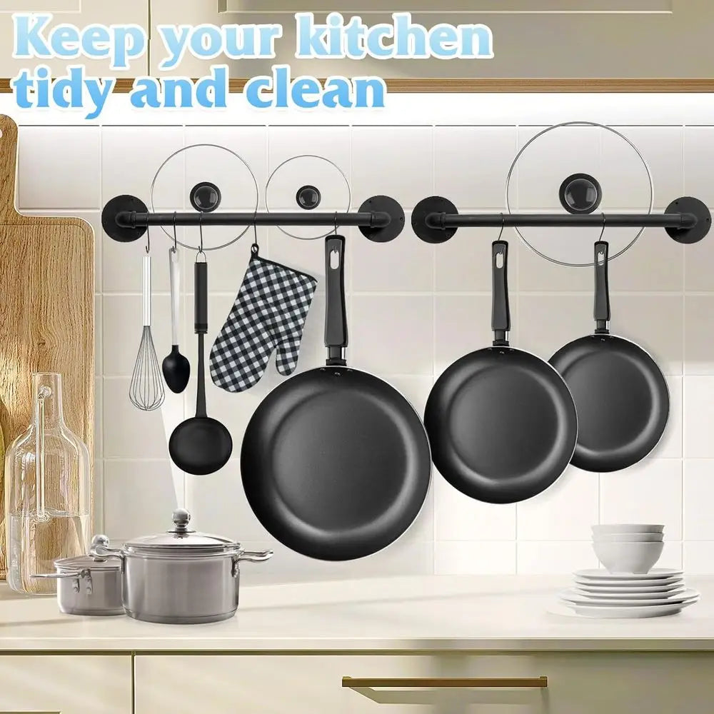 Wall Mounted Pot Pan Rack Set with 21 Industrial Style Utensil Holder and 10 S Hooks for Kitchen Storage
