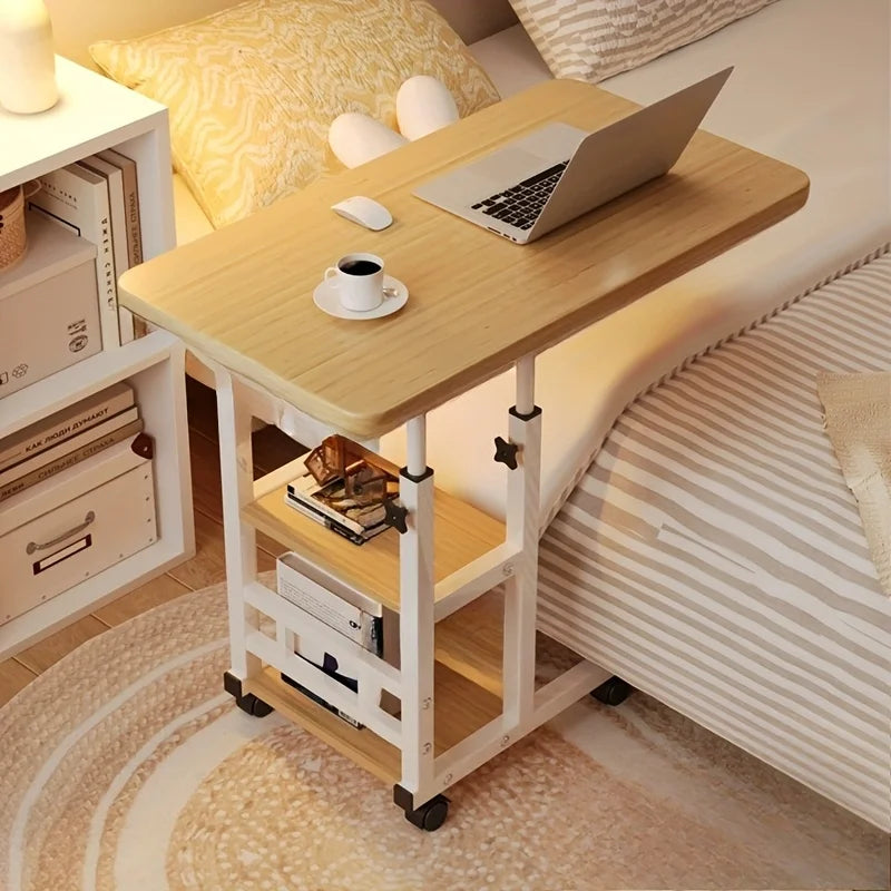 Mobile four-wheel lift learning/work desk with Dual Shelves for Bedside/Dorm/Office Use, Height-Adjustable Mobile Laptop Table,Space-Saving Design - Sturdy Steel Frame & Modern Finish