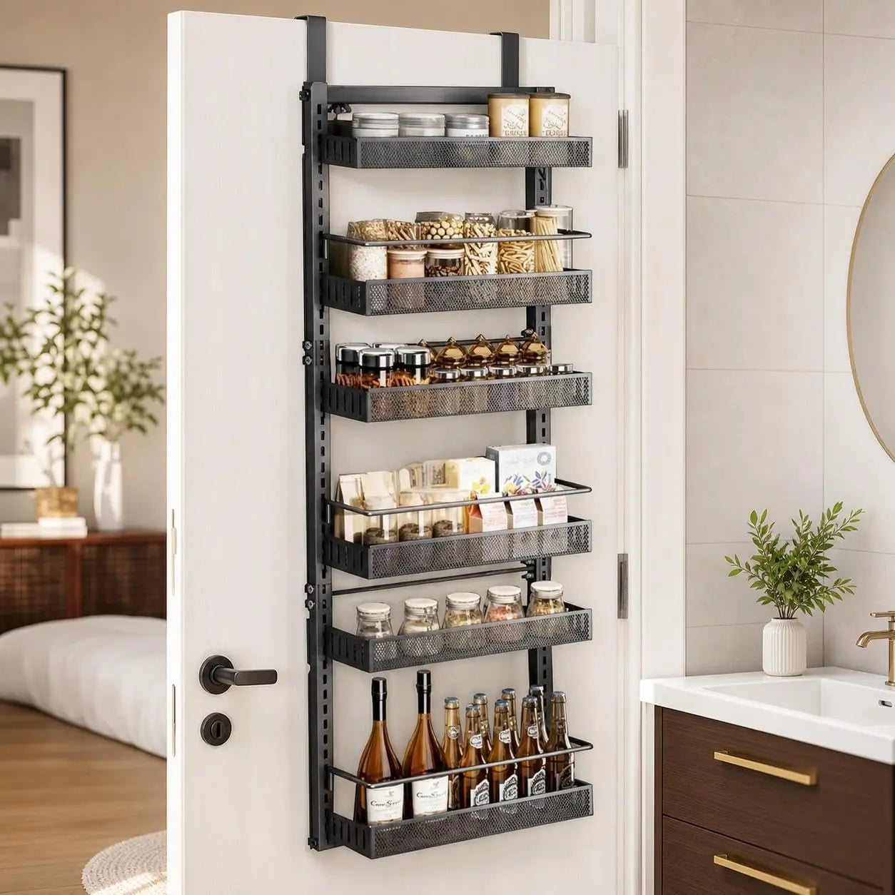 Adjustable 6-level metal pantry organizer for hanging on the door
