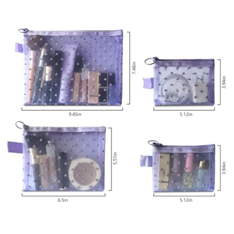 4-Piece Heart Printed Mesh Makeup Bag Set, Portable Travel Cosmetic Bags Toiletry Bags Makeup Purse Bags Zipper Storage Pouches
