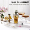 Cocktail Coupe Glasses 5-Piece Gift Includes Pineapple Glass Gold Lid, Jigger, Bar Spoon and 2 Ribbed Gold-Rimmed Glasses