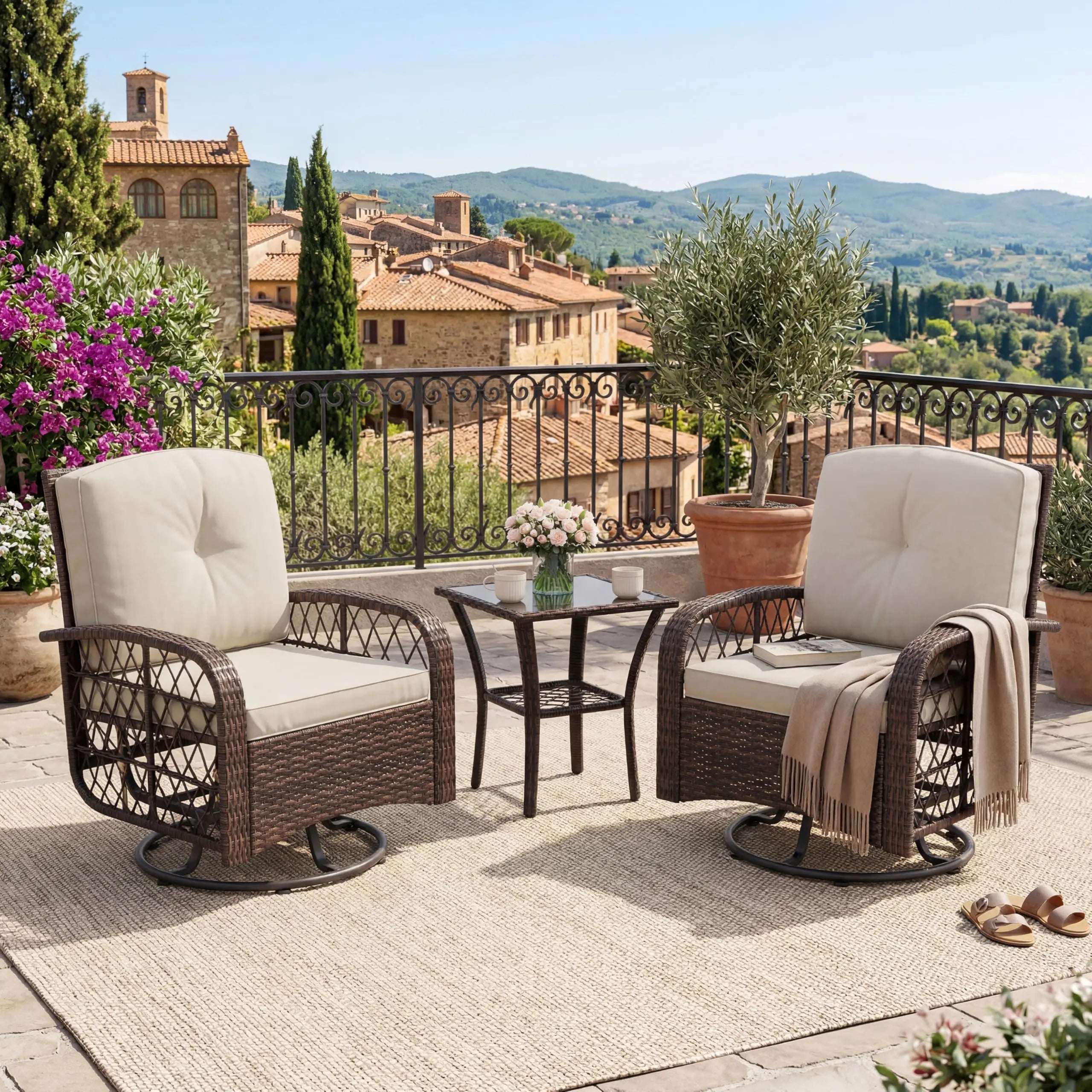 Outdoor Wicker Conversation Set, 3 PCS Swivel Rocker Chairs With Thick Cushions & Tempered Glass Table
