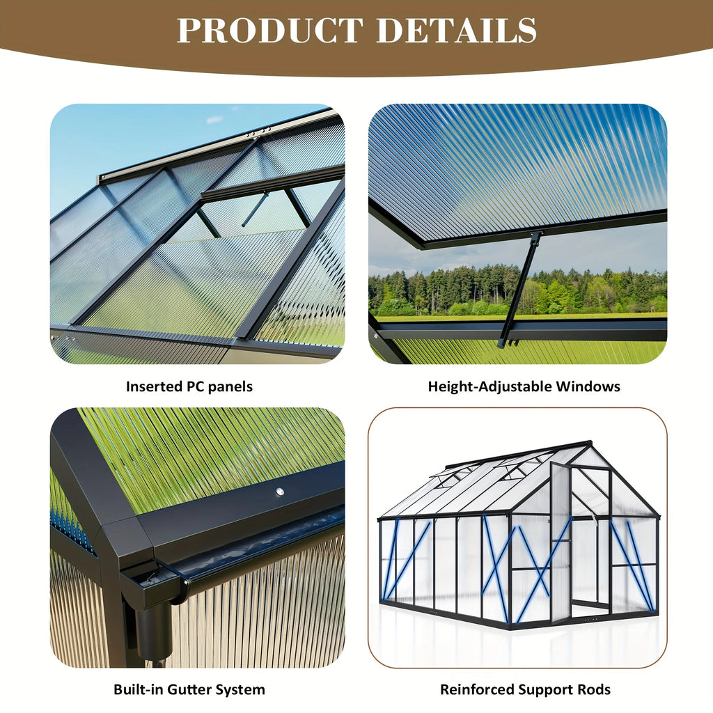 4x6~10x18FT Multi-Size Polycarbonate Greenhouse PC Panels Aluminum Frame Vent Roof UV Protection for Backyard Garden Patio