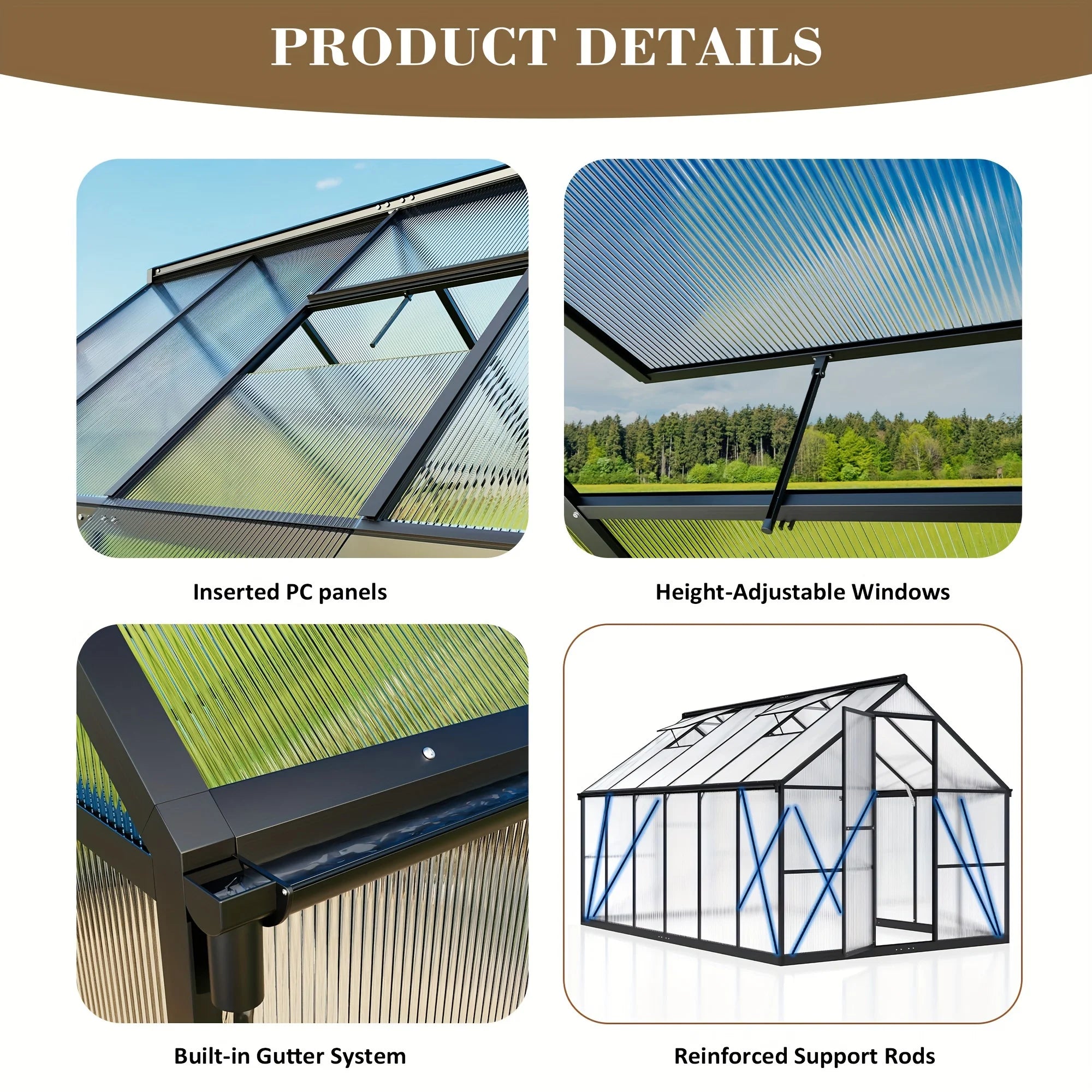 4x6~10x18FT Multi-Size Polycarbonate Greenhouse PC Panels Aluminum Frame Vent Roof UV Protection for Backyard Garden Patio