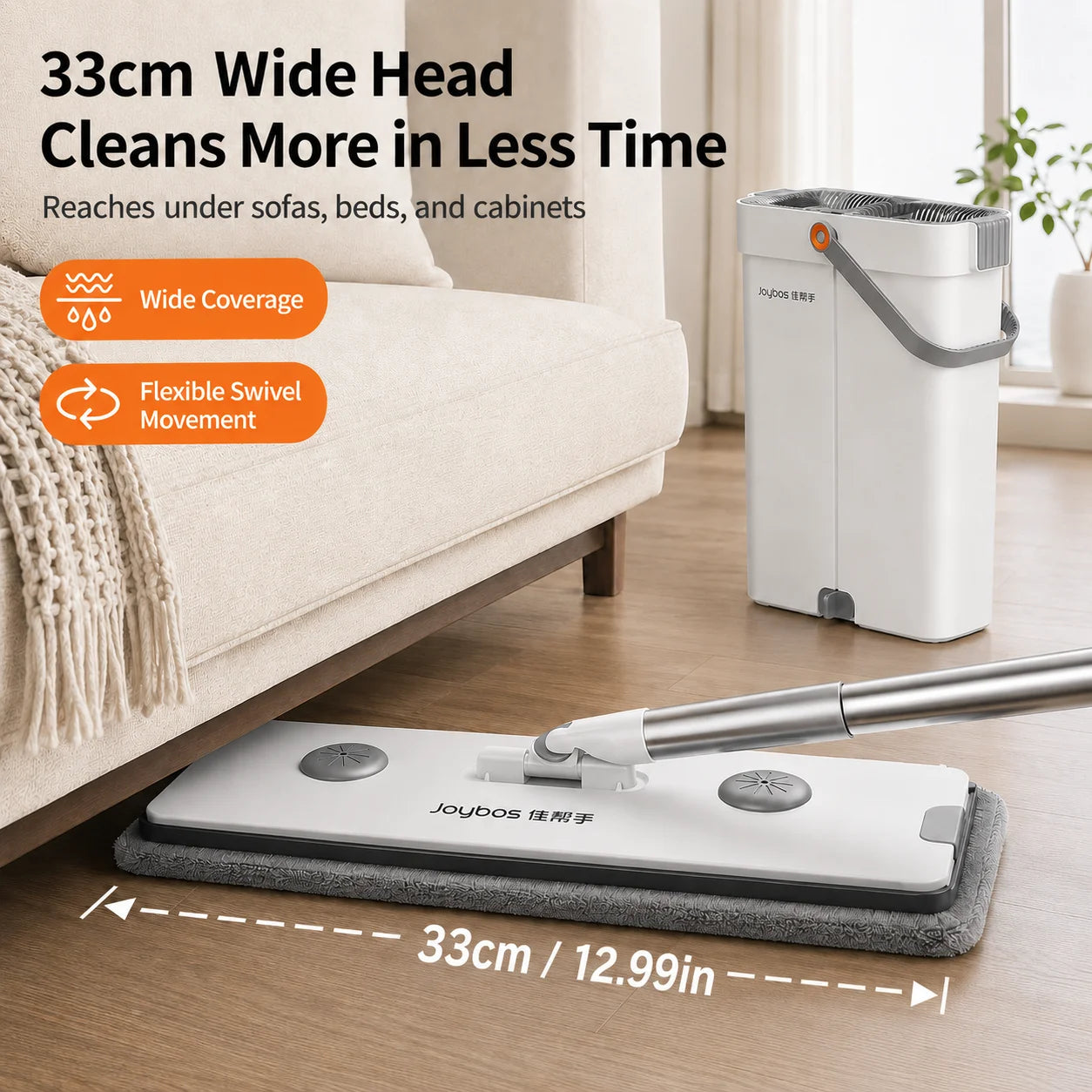 Hands-Free Wash & Dry Floor Mop Set with 2 Microfiber Pads, 360° Swivel Mop with Squeegee Edge for Hardwood Tile Laminate