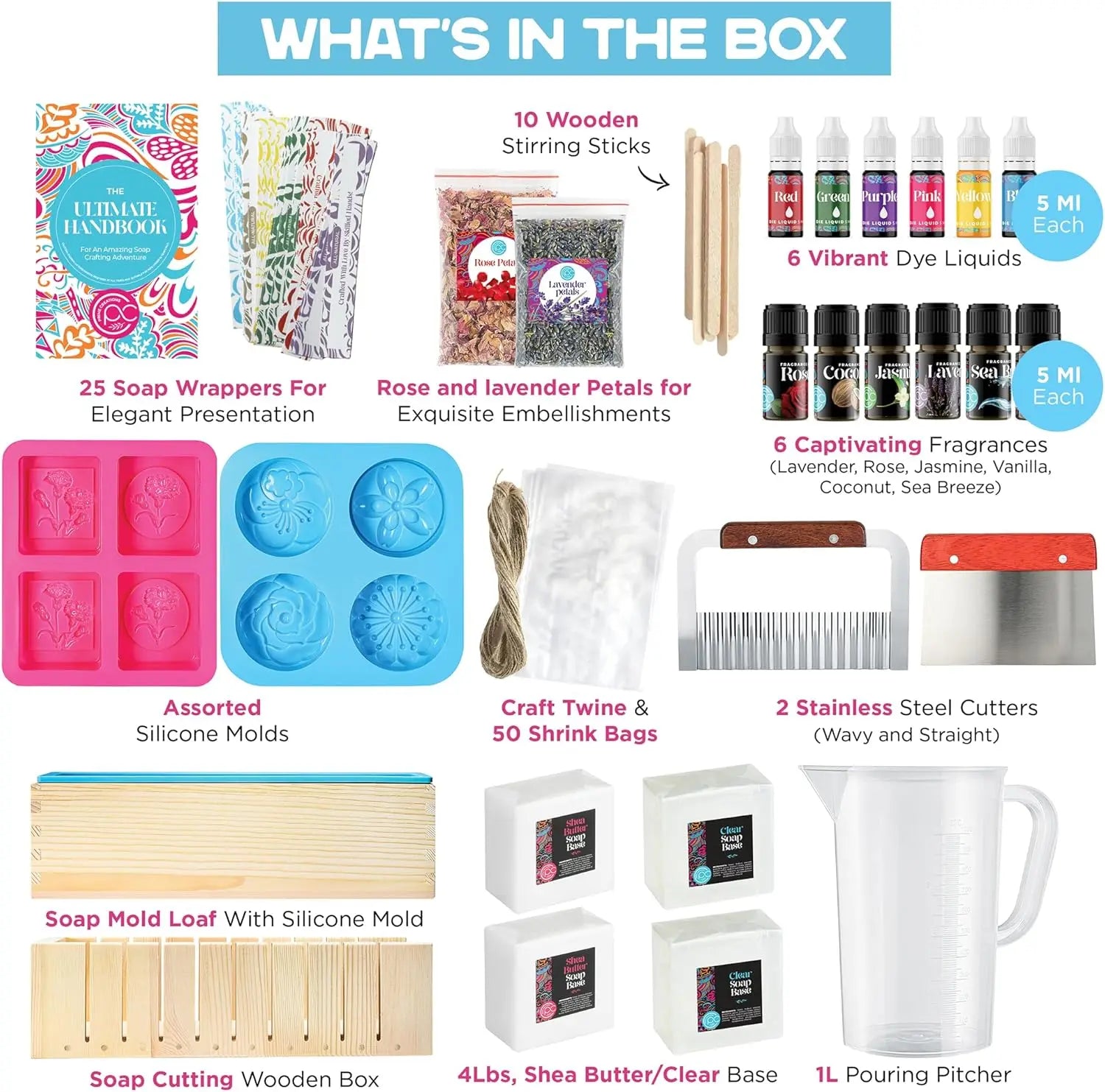 Soap Making Kit with Melt Pour Base Cutting Box Molds Fragrances for Adults Kids