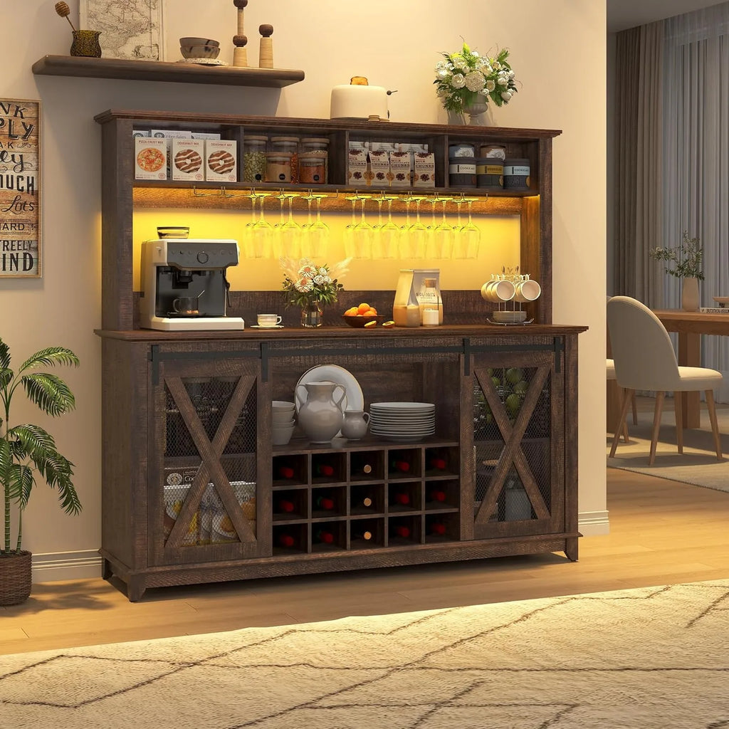 Farmhouse Coffee Wine Buffet Cabinet with LED Power Outlet 15 Racks Storage Hutch for Kitchen Dining