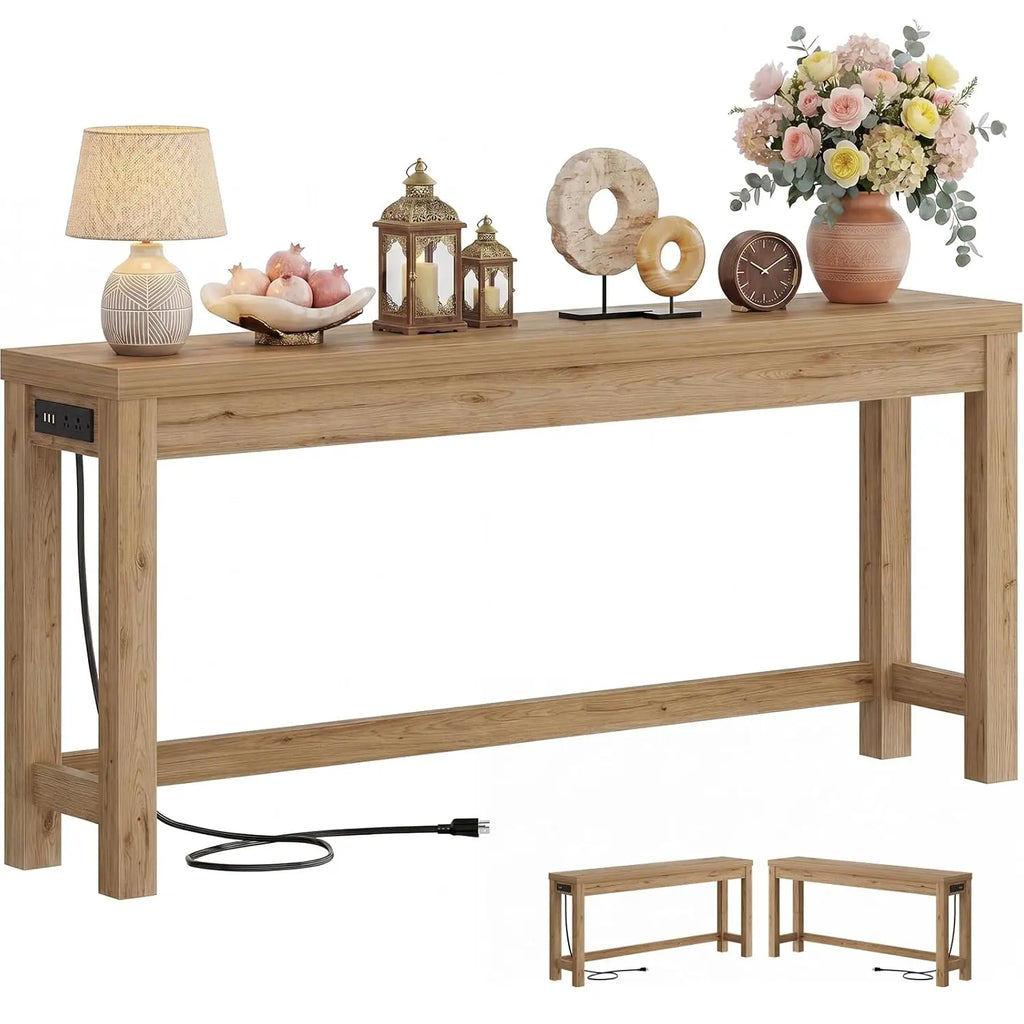 63" Console Table with Charging Station, 13.8" Deep Farmhouse Sofa Table Behind Couch with 2 AC Outlets & 3 USB