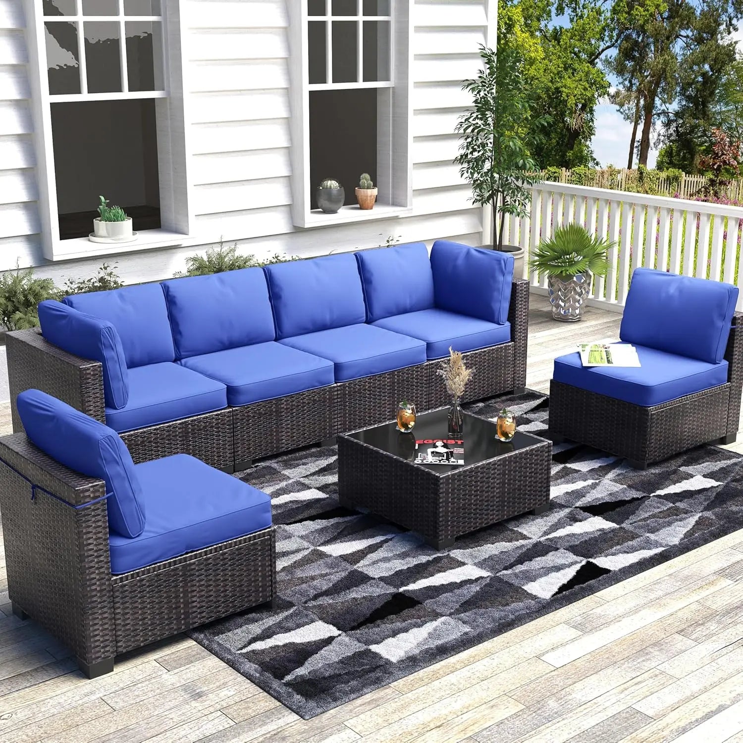7-Piece Rattan Wicker Sectional Modular Conversation Sofa Set
