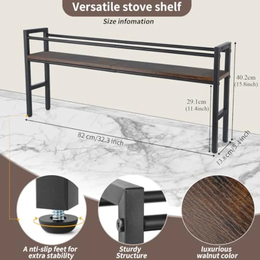 Over the Stove Shelf with 4 Hooks Extra Storage Countertop, Rustic Wood and Solid Metal
