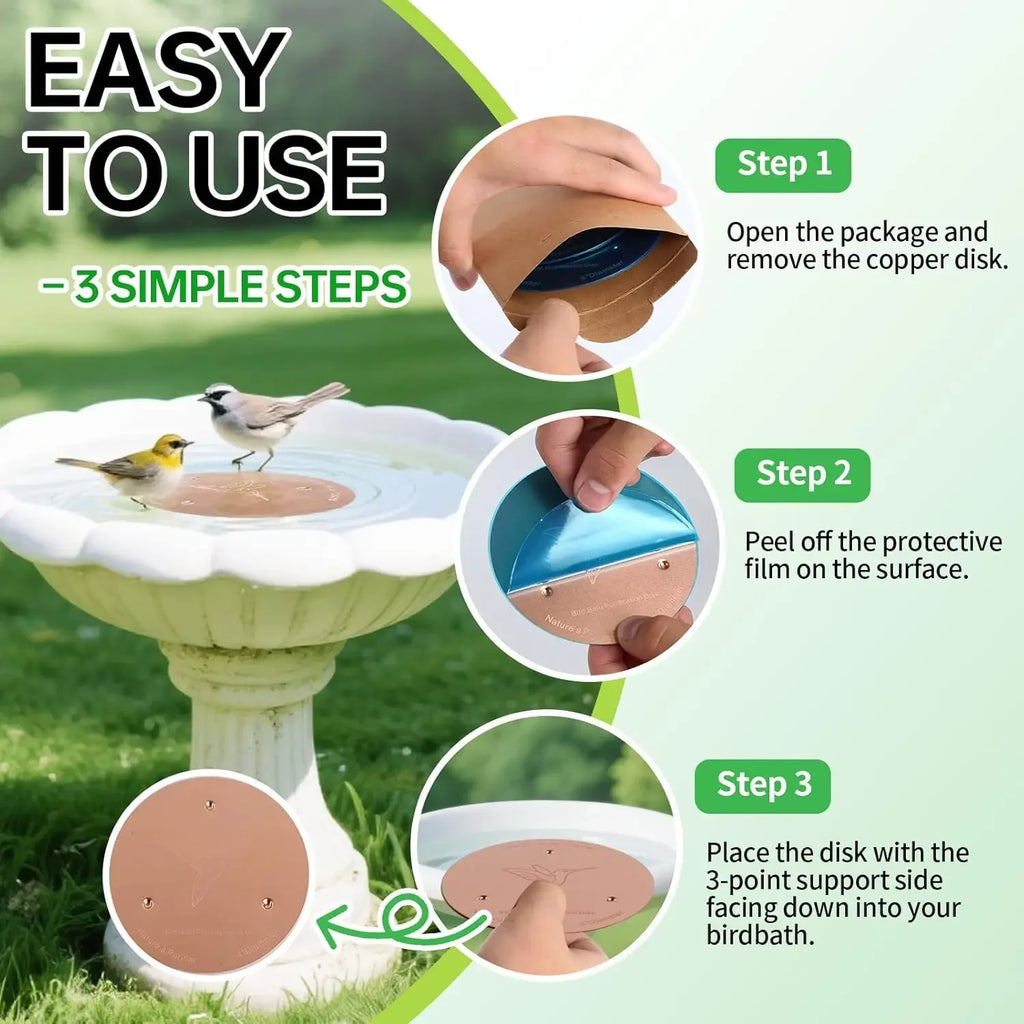 2 Pack Bird Bath Copper Discs, 99.9% Pure Copper Cleaner with Triple-Point Support, Reinforced Design for Safe Clean Water,Univ
