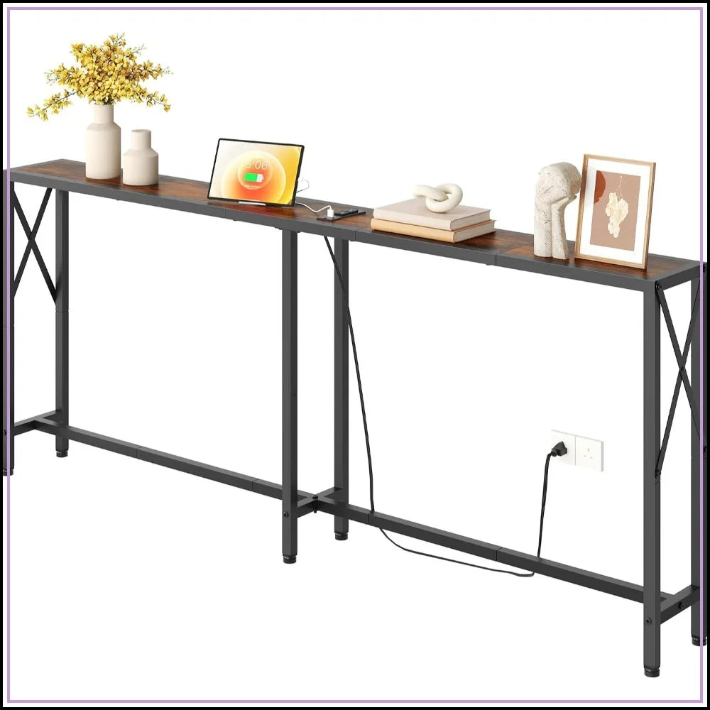 70 In Skinny Sofa Table Behind Couch, Console Table with Outlets & USB Ports for Hallway, Entryway, Living Room, Bedroom, Rustic Brown