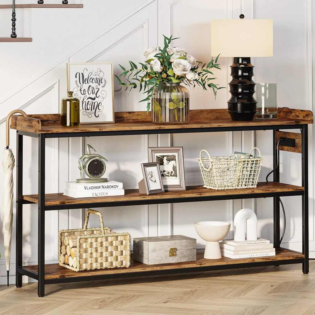 Sofa Table with Power Outlet, Farmhouse Hallway Table for Entryway, Living Room, Height Adjustable, 55"