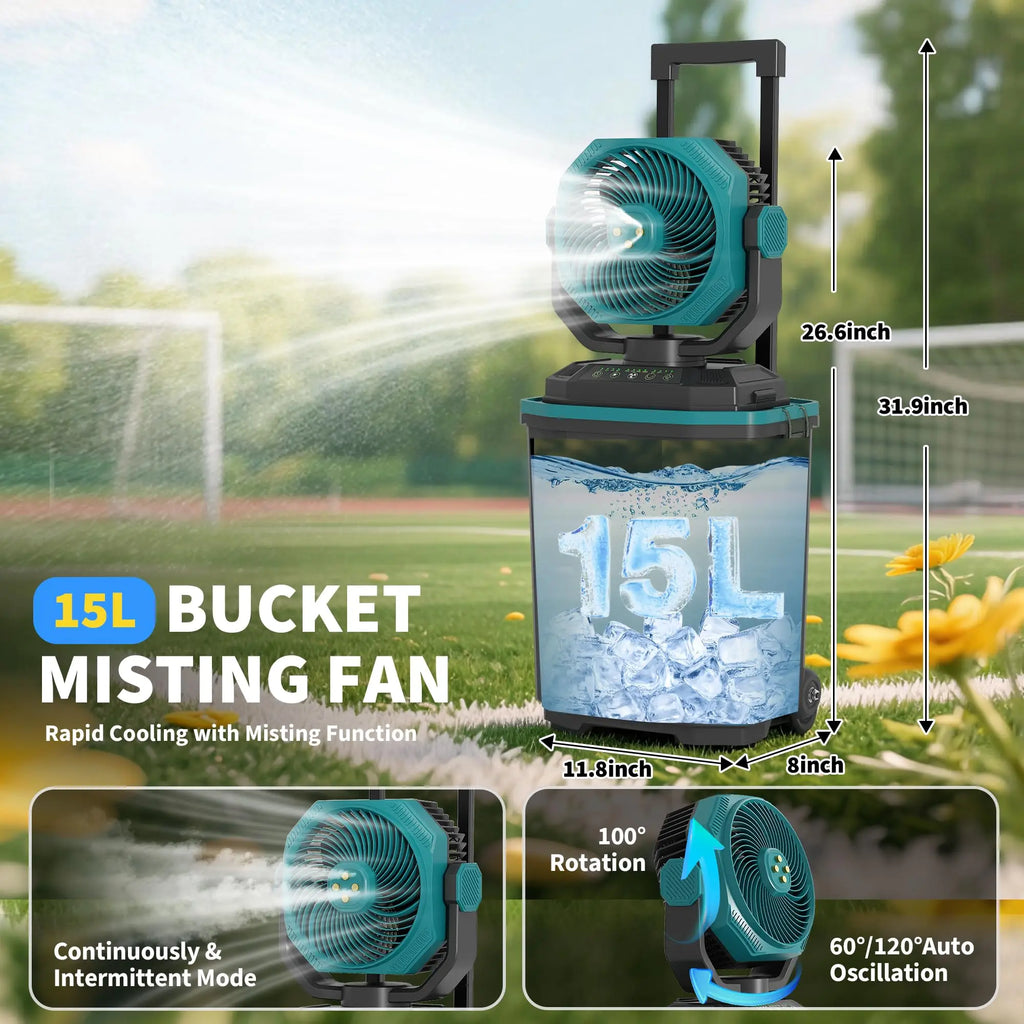 15L Portable Misting Bucket Fan Rechargeable  With Remote Wheels For Patio Beach Camping Golf