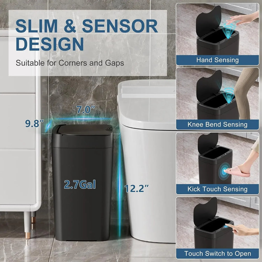 2 Pack 2.7 Gal Bathroom Trash Can with Lid, Automatic, Touchless, Slim Motion Sensor Waterproof