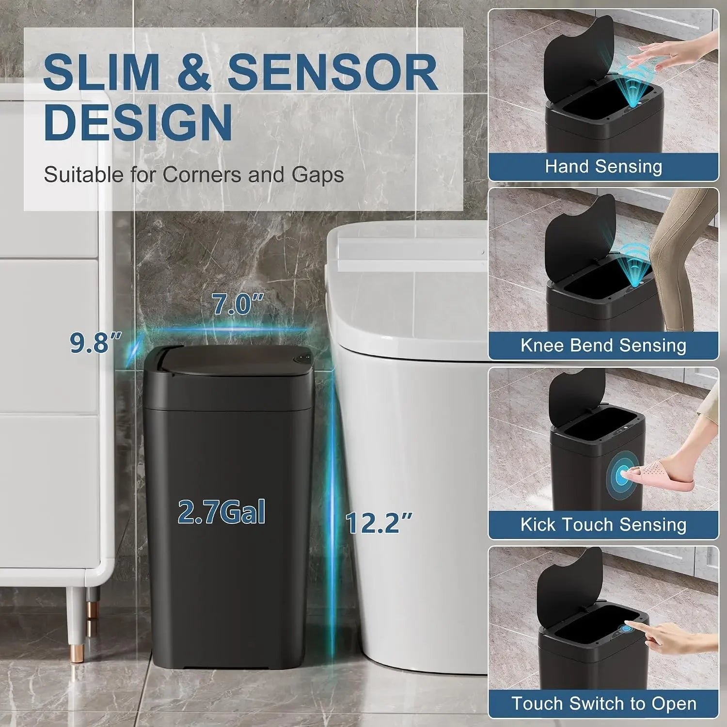 2 Pack 2.7 Gal Bathroom Trash Can with Lid, Automatic, Touchless, Slim Motion Sensor Waterproof