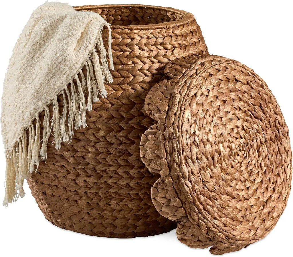 Scalloped Multipurpose Hyacinth Storage Basket, Plant Décor, Handwoven Organizer Tote for Bedroom, Living Room, Nursey, W/Lid - Chestnut