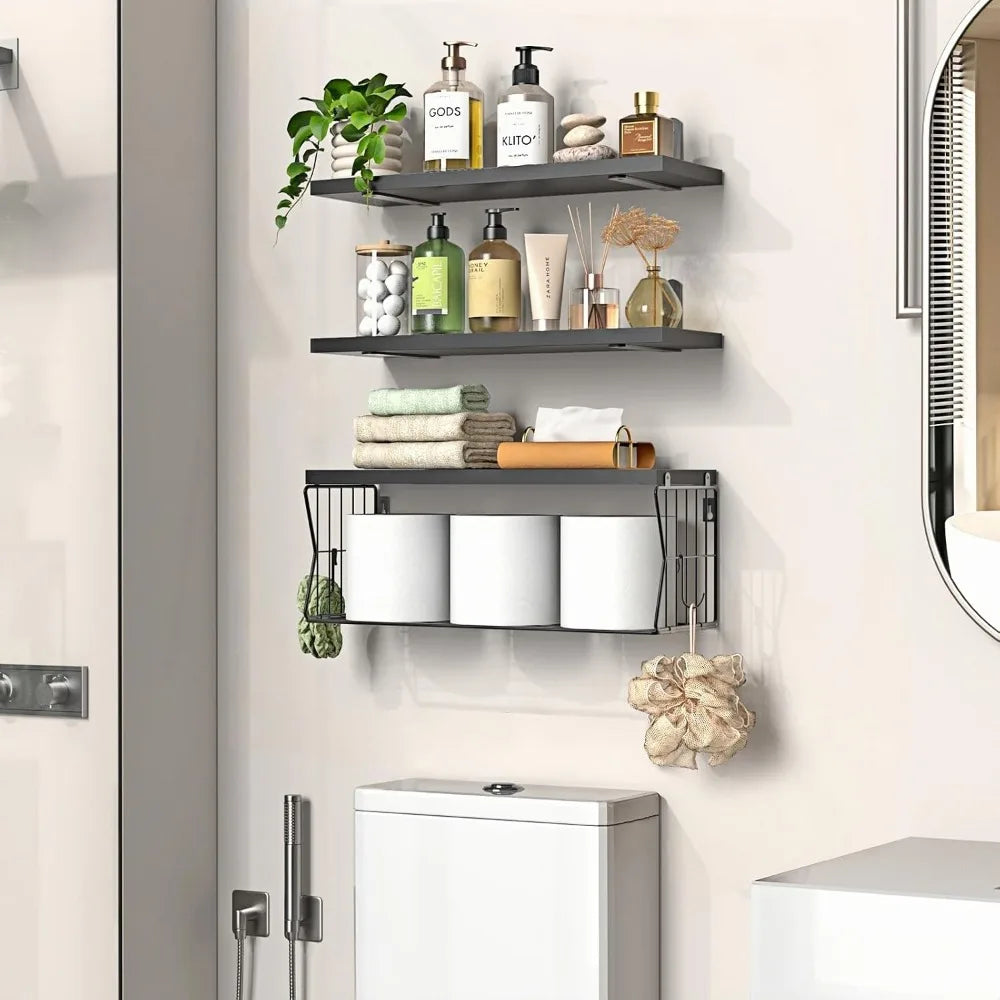 Floating Bathroom Shelves Set of 3 - Wall Mounted Wooden Shelf for Over Toilet Storage