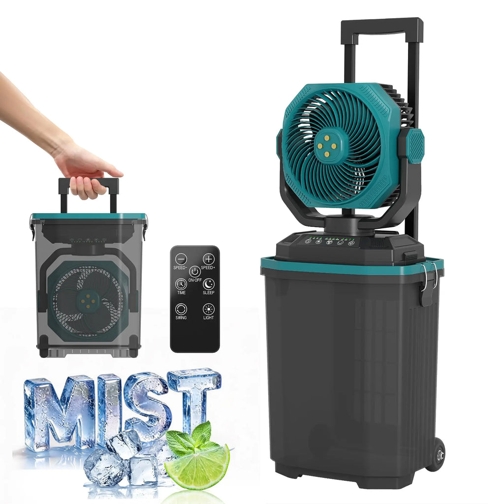 15L Portable Misting Bucket Fan Rechargeable  With Remote Wheels For Patio Beach Camping Golf