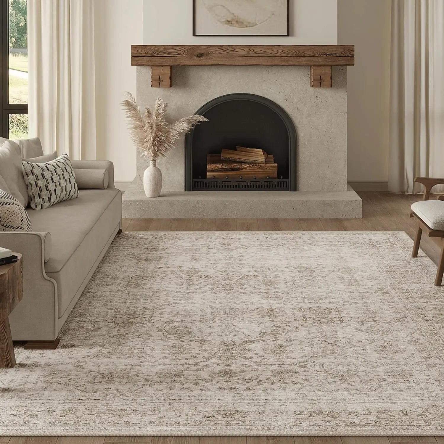 8x10 Washable Area Rug Beige Vintage Distressed Non Slip Carpet for Living Room Bedroom Low Pile
