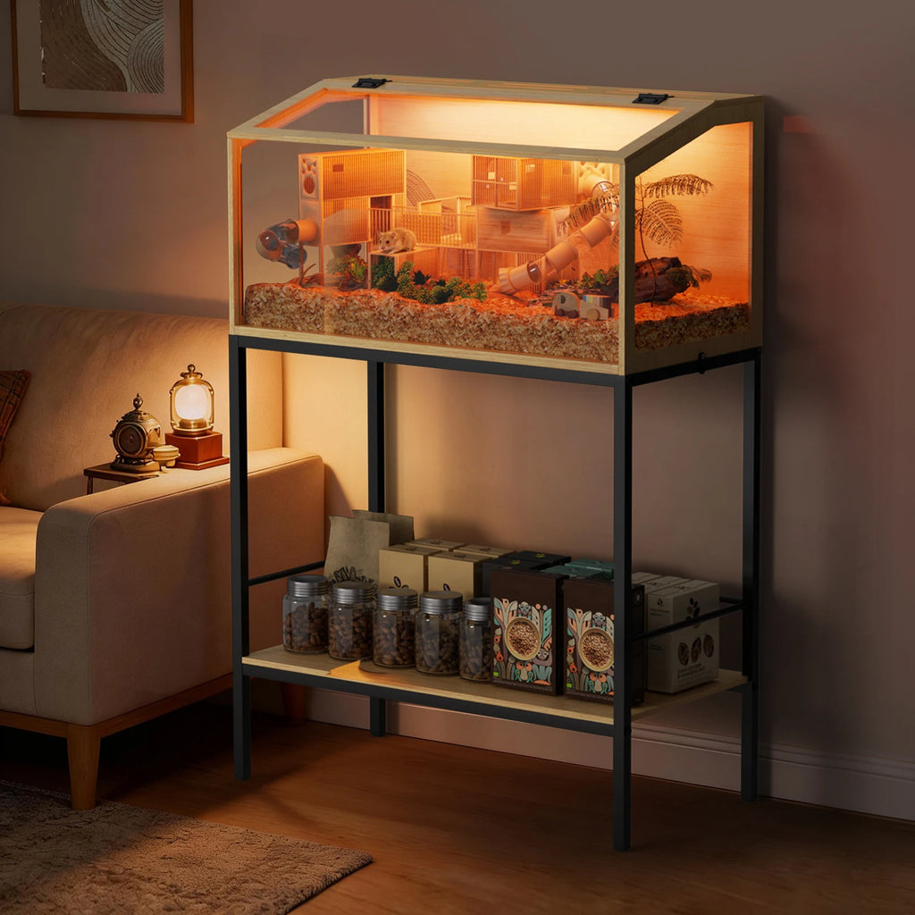 Large Wooden Hamster Cage Clear Tempered Glass Habitat Cage Playful Hutch House Built-in LED Light