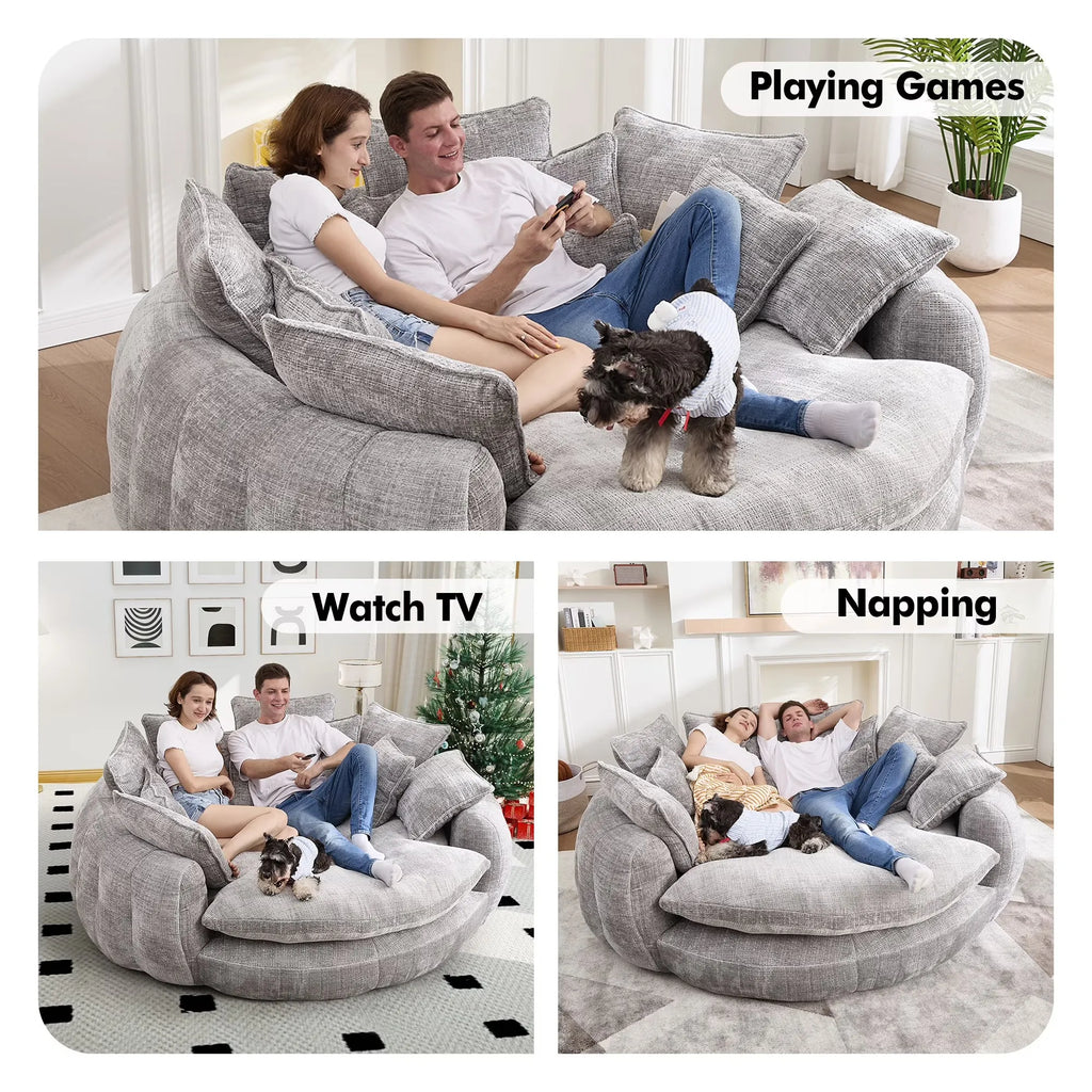 81.1"Oversized Round Chaise Lounge Chair with 14 Pillows, Modern Chenille , Memory Foam