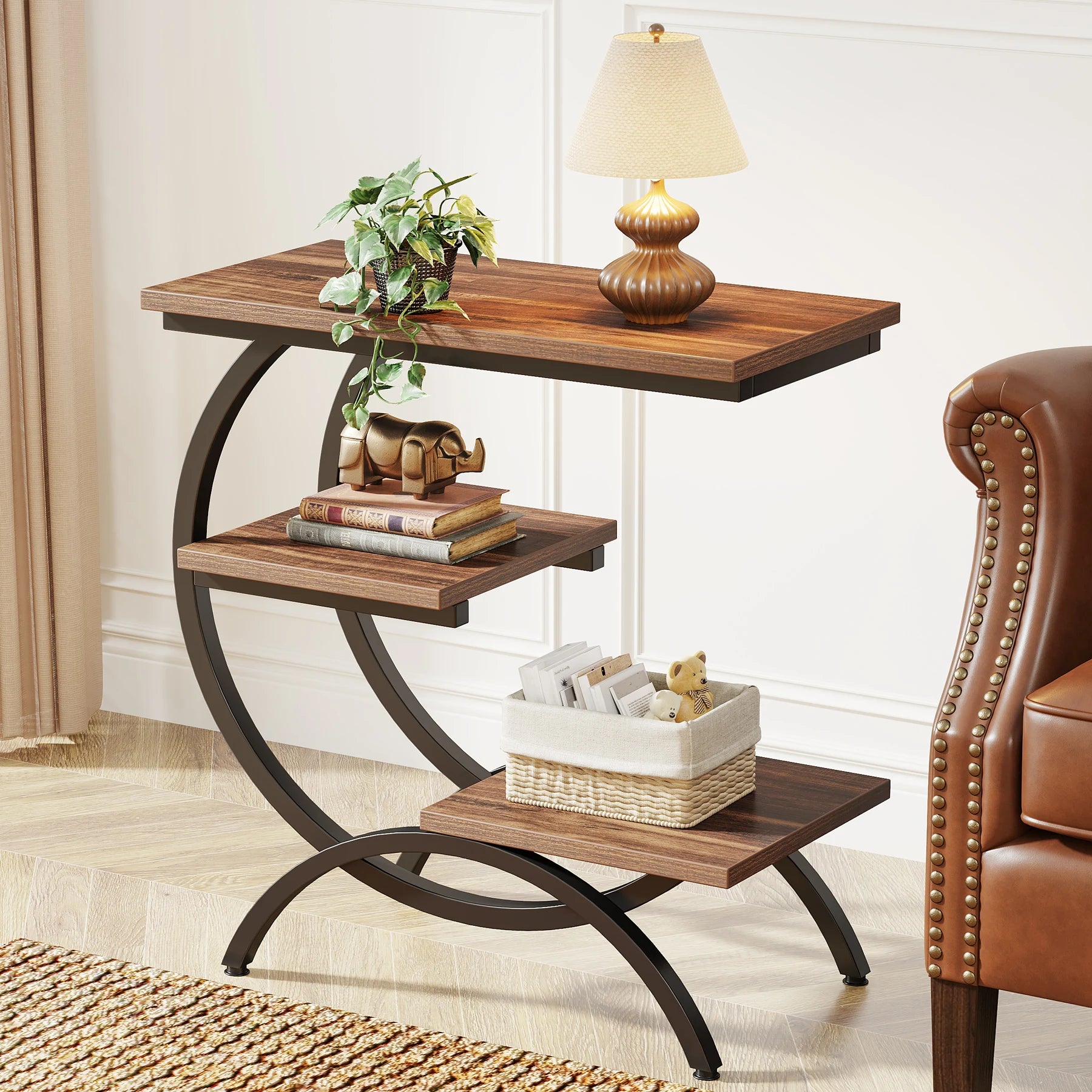 Tribesigns C-Shaped End Table, Industrial 3-Tier  Wood Table with Storage Shelves