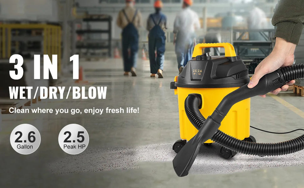 Wet Dry Vac 2.6 Gallon 2.5 Peak HP 3 in 1 Portable Shop Vacuum with Blowing Function  Attachment Storage