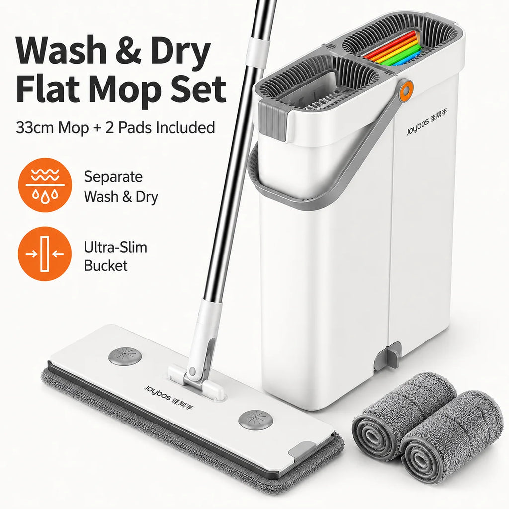 Hands-Free Wash & Dry Floor Mop Set with 2 Microfiber Pads, 360° Swivel Mop with Squeegee Edge for Hardwood Tile Laminate