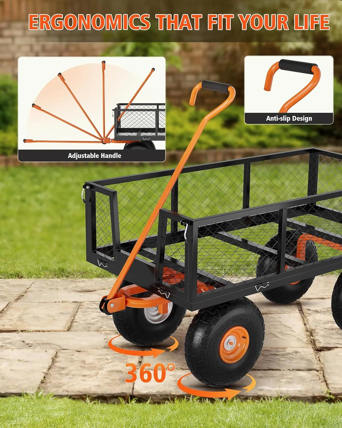 Heavy Duty Steel Garden Cart, 500 LBS Capacity 3 in 1 Pullable Garden Wagon with 10 in Wheels, for Gardening Soil, Tools, and Pl