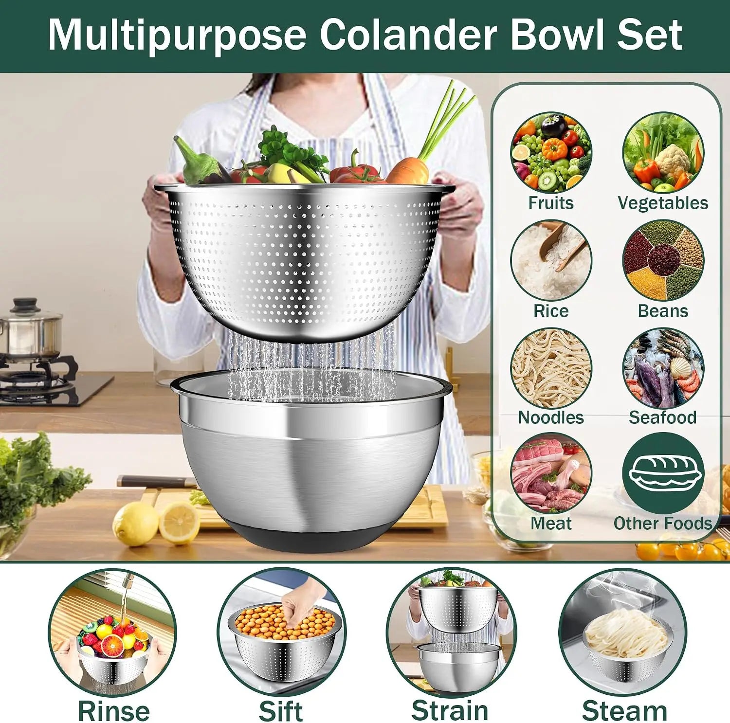 3 nested kitchen metal bowls, colander and grater, non-slip bottom, perfect for mixing and serving