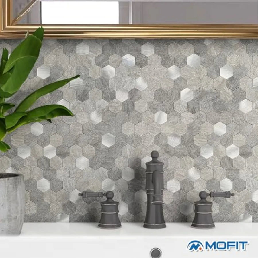 Hexagon Peel and Stick Backsplash Tiles Kitchen Self-Adhesive Metal and Marble Honeycomb