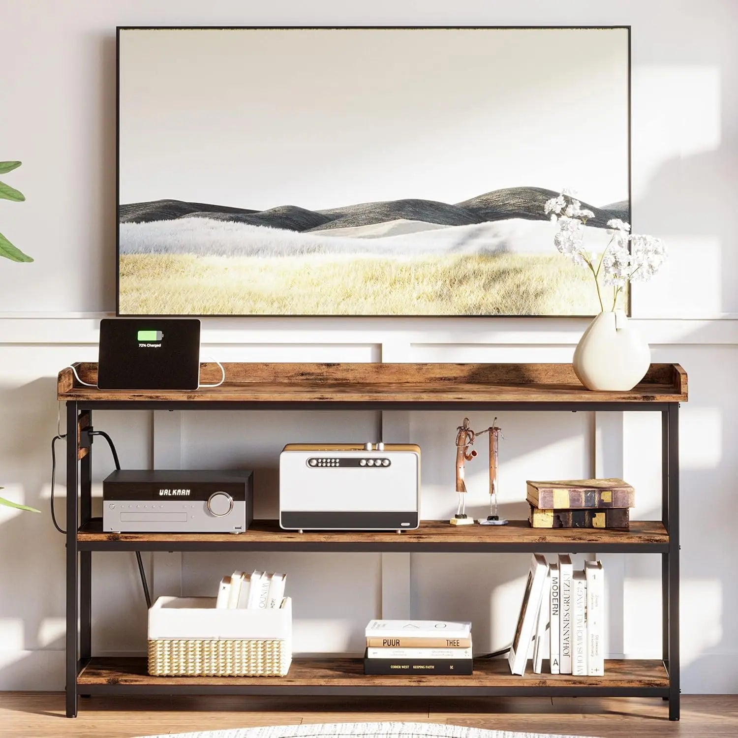 Sofa Table with Power Outlet, Farmhouse Hallway Table for Entryway, Living Room, Height Adjustable, 55"