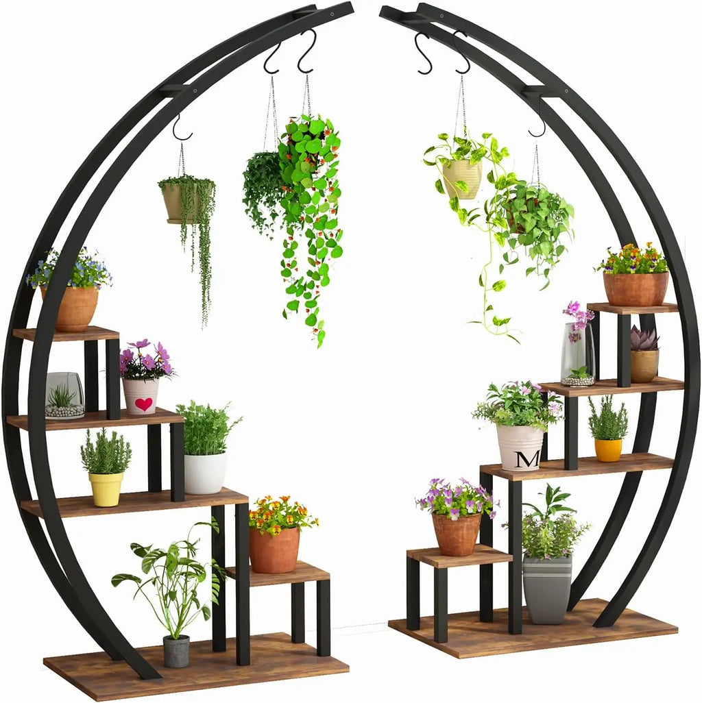 2pcs 5-Tier Metal Plant Stand Indoor Half Moon Shape Tall Garden Plant Holder