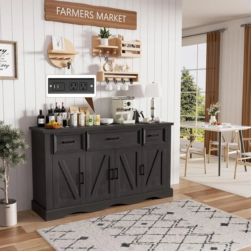 Wooden Buffet Cabinet with Storage, Coffee and Wine Bar,  with Charging Station for Living room