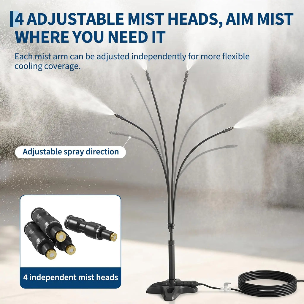 Outdoor Standing Misting System With 4 Adjustable Mist Heads, 29FT Hose, Built-In Switch, Connectable Patio Cooler BBQ Pool Lawn
