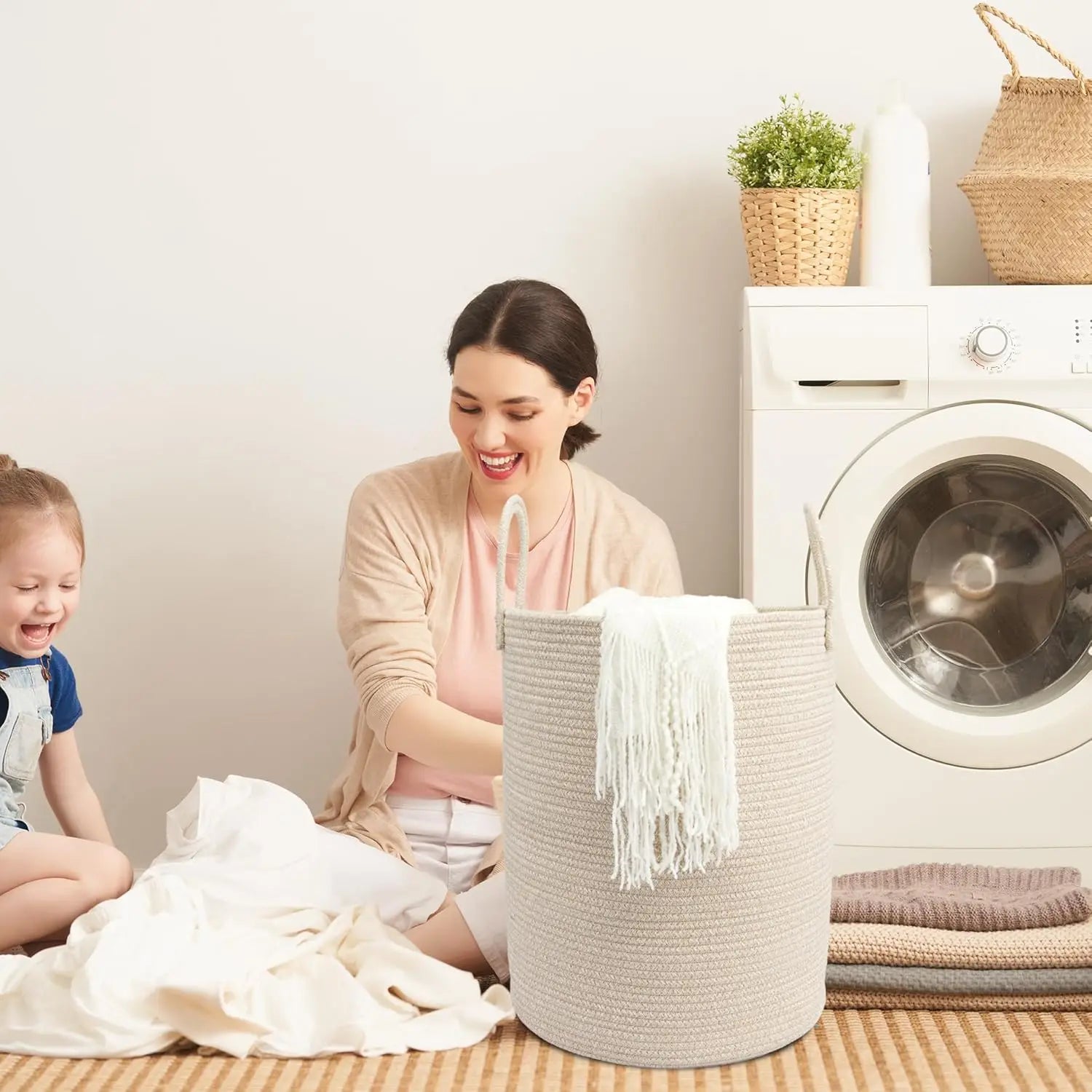 Woven Cotton Rope Laundry Basket 15x20 inch Storage Hamper for Dirty Clothes, Toys and Blankets for Bathroom, Nursery and Living