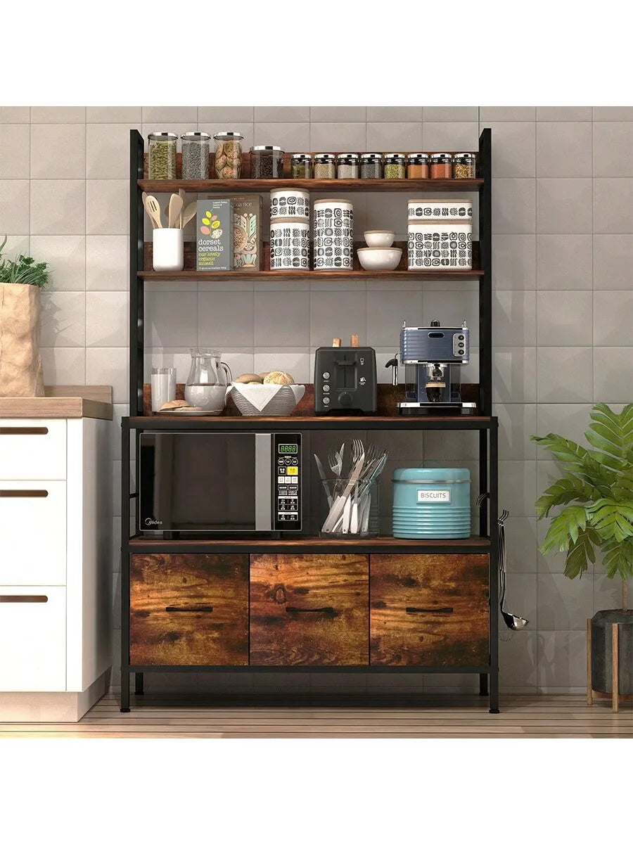 Kitchen Bakers Rack With 3 Baskets,5-Tier Free Standing Kitchen Storage