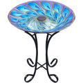 Outdoor Glass Bird Bath Sola with Metal Stand for Lawn Yard Garden Peacock Decor