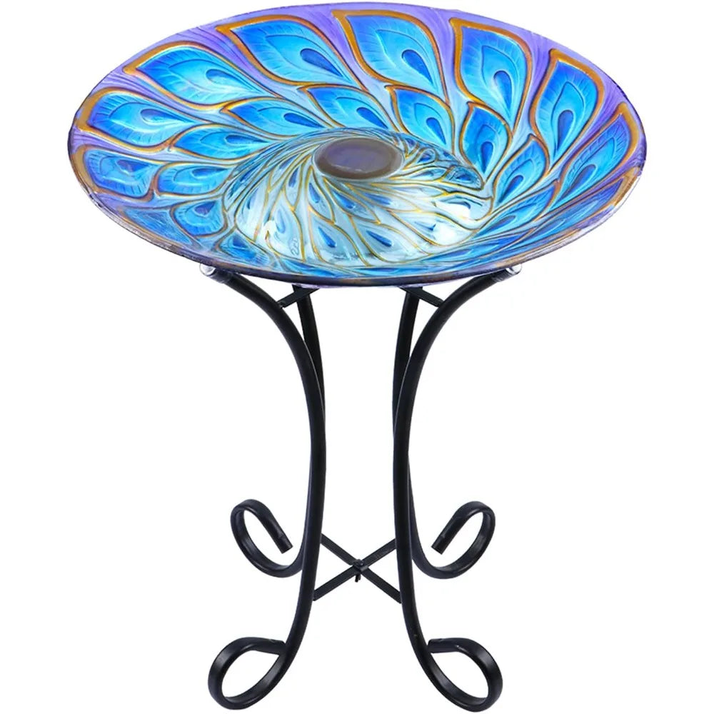 Outdoor Glass Bird Bath Sola with Metal Stand for Lawn Yard Garden Peacock Decor