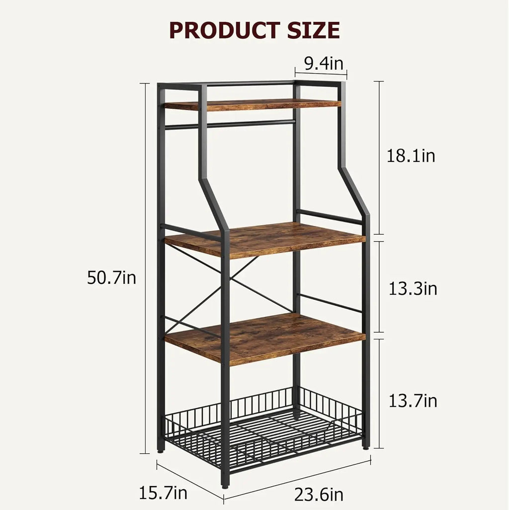 4-Tier Kitchen Bakers Rack & Microwave Oven Stand with Large Wire Basket, Industrial Coffee Bar Station with Hooks, Kitchen Utility Storage Shelf for Pots, Spices