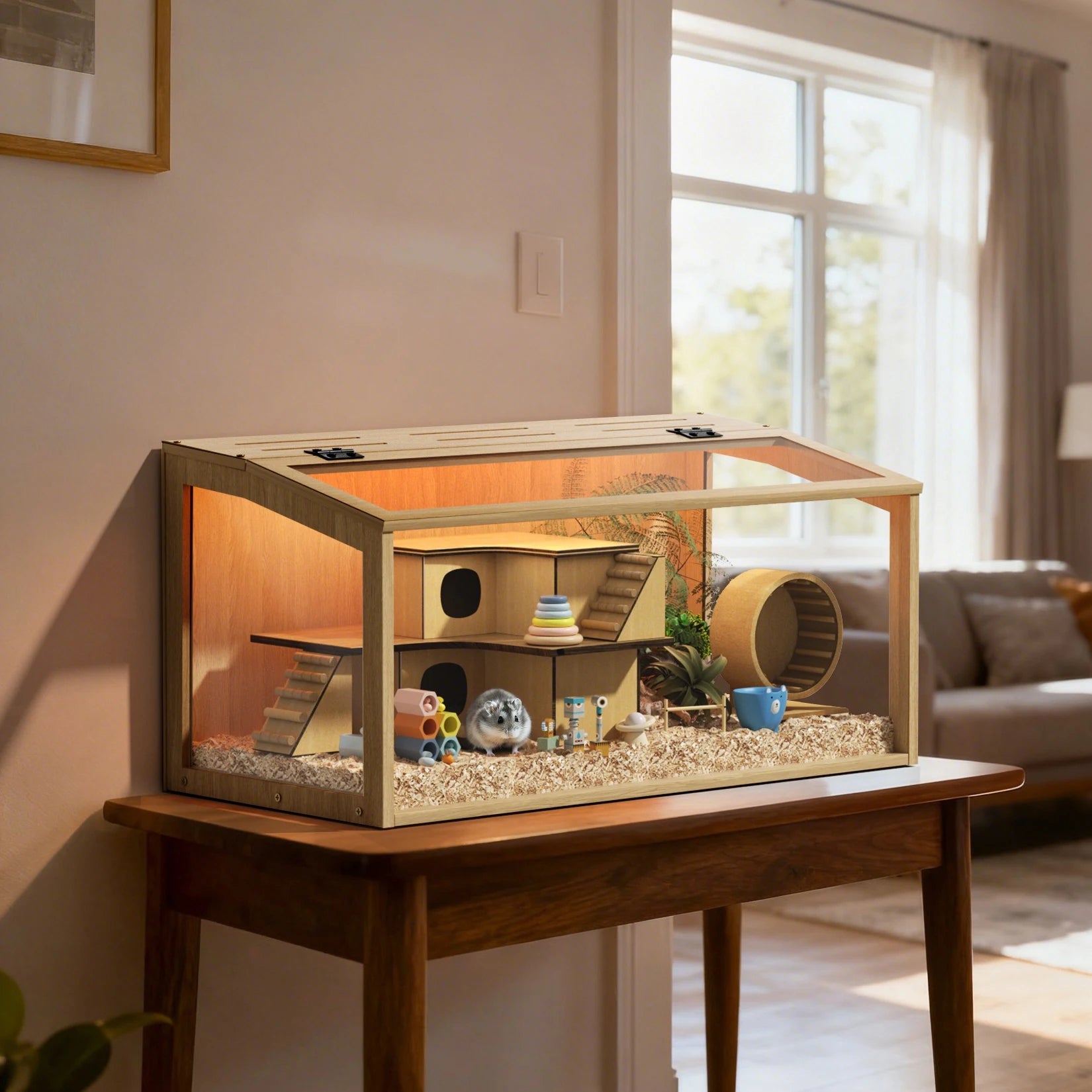 Large Wooden Hamster Cage Clear Tempered Glass Habitat Cage Playful Hutch House Built-in LED Light