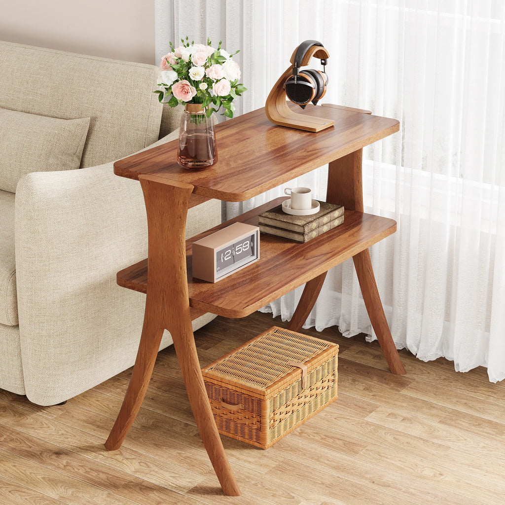 Walnut Side Table for Living Room, Narrow End Table with 2-Tier Storage Shelf and Solid Wood Legs