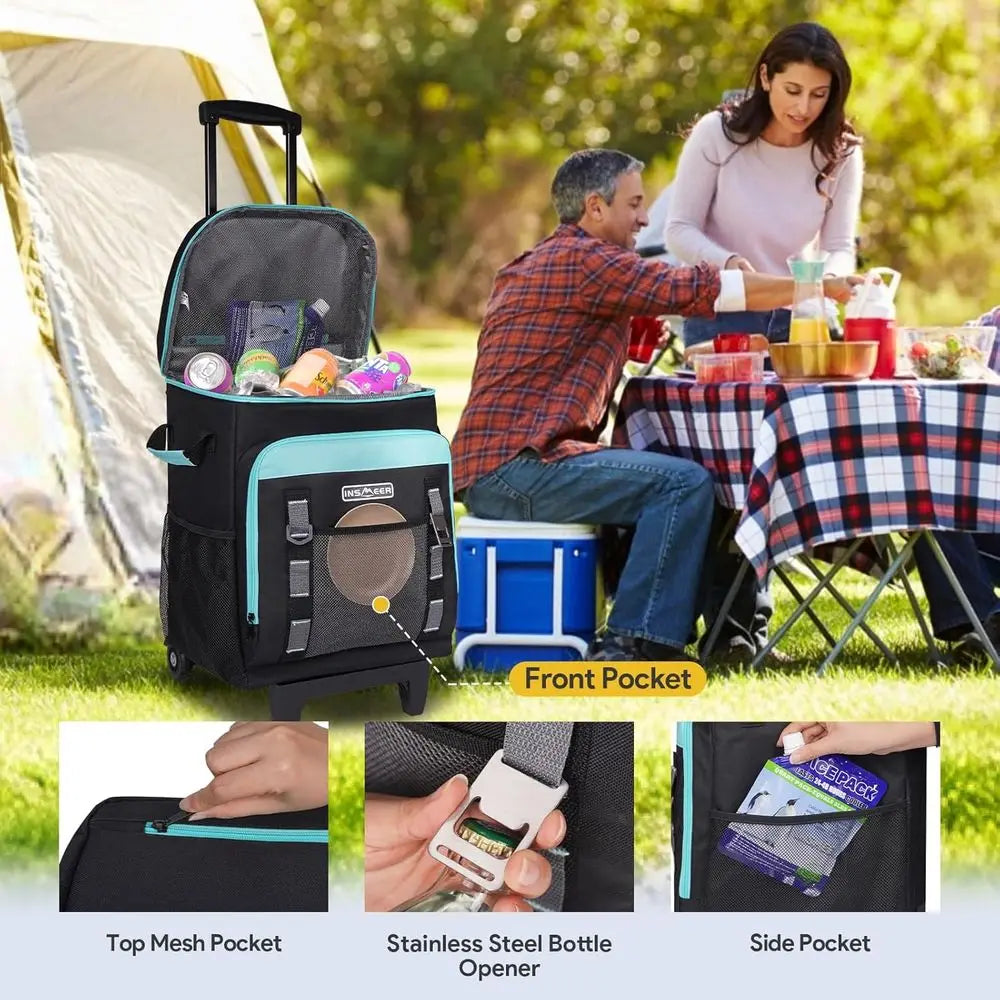 80L Rolling Cooler with Wheels and Handle, Portable Side Cart for 80 Cans, Collapsible Trolley for Shopping and Outdoors